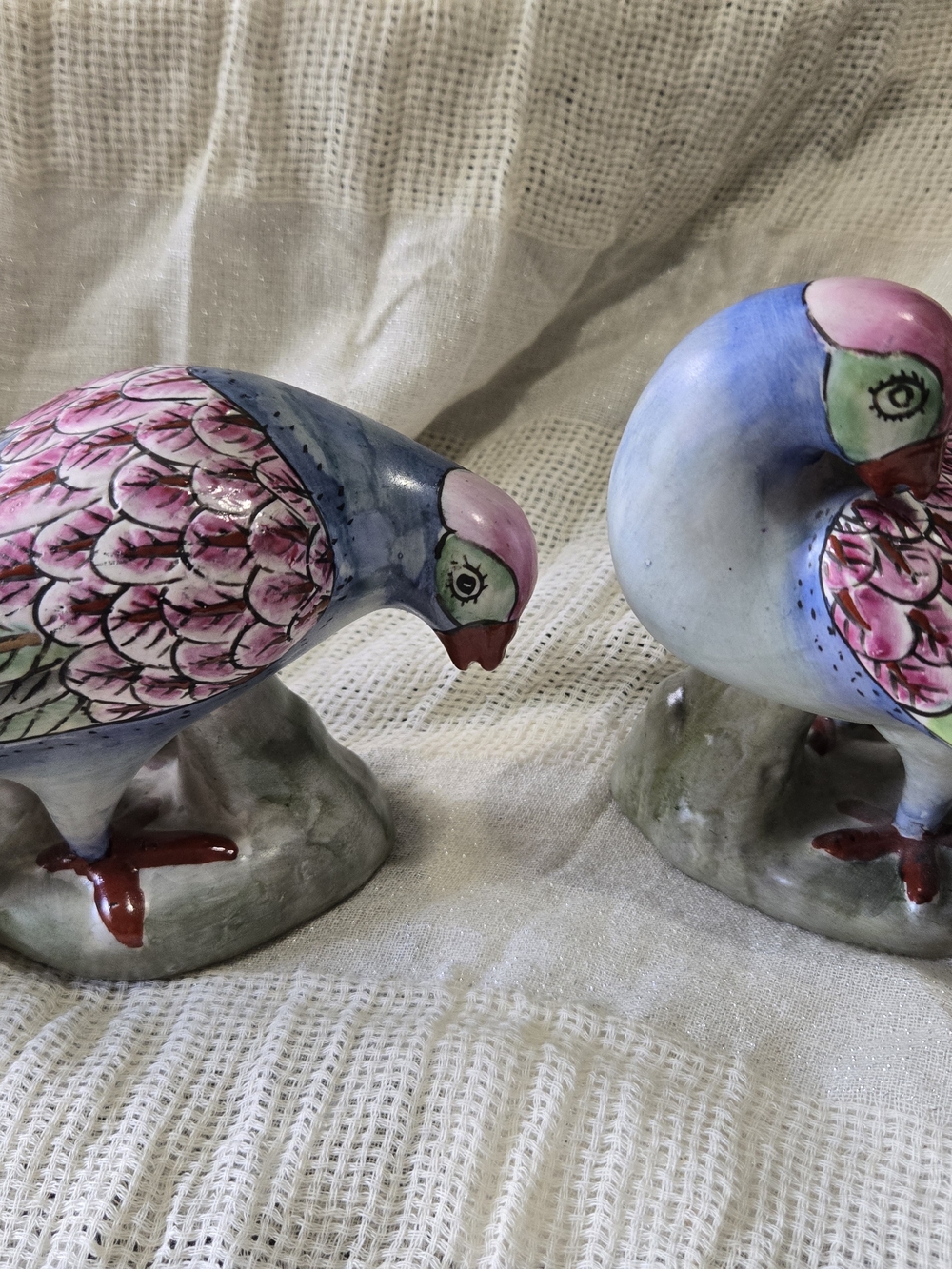 Hand-Painted Pink & Blue Ceramic Bird Figurine Pair